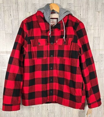 Levis Jacket MEDIUM Mens Buffalo Plaid Red Sherpa Lined Hoodie