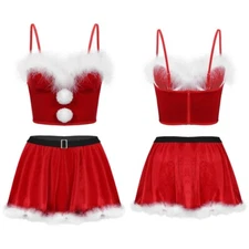 Womens Xmas Suit Spaghetti Strap Christmas Costume Bustier Santa Outfit Corset