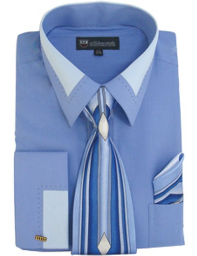Men's Unique design French Cuff Dress Shirt Accent Collar With Tie & Hanky SG34 - Picture 15 of 16