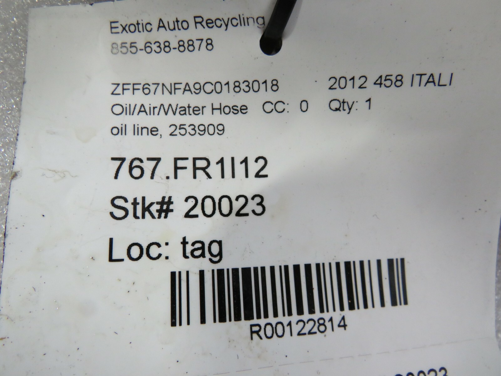 Ferrari 458 Italia, Oil Line, Used, P/N 253909
