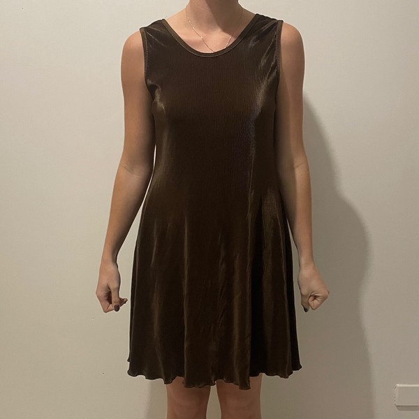 Chocolate plisse mini a-line dress with lettuce hem and tank style straps