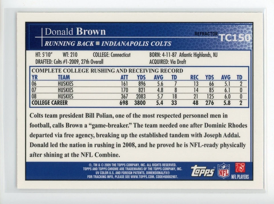 2009 Topps Chrome Silver Refractor #TC150 Donald Brown RC Rookie Colts - Image 2 of 3