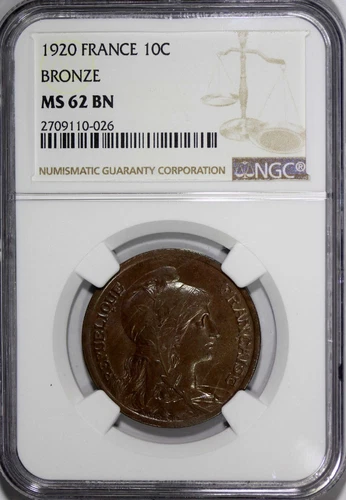 :1920 10C FRANCE KM# 843 NGC MS 62 BN REPUBLIC &: CHILD LOW-POP R-8 HIGH-GRADES