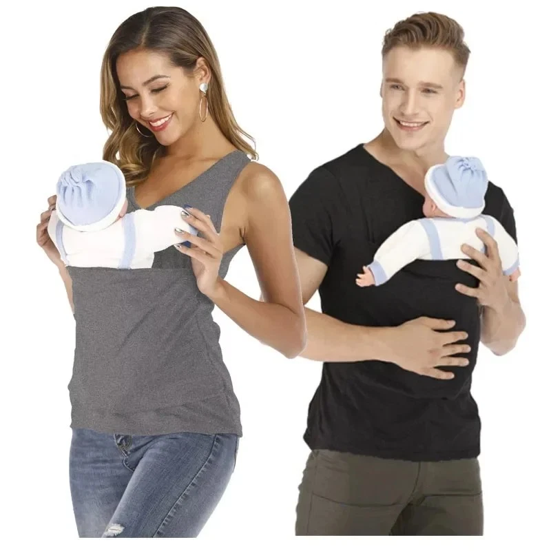 Baby Carrier Pocket T Shirt Parent Feeding Top Summer Short Sleeve Unisex