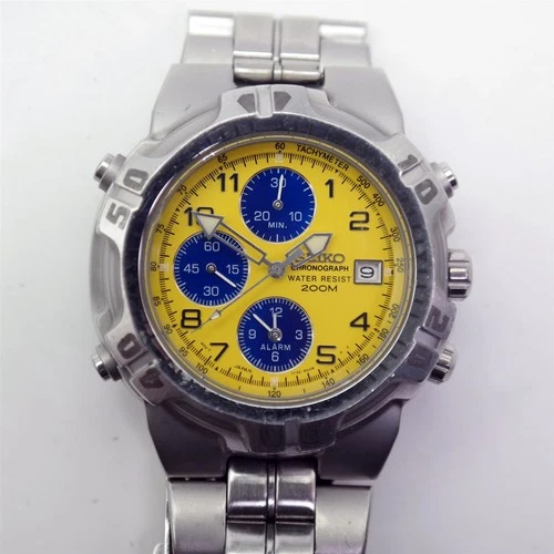 Vtg Seiko Chronograph Diver 7T32-6K19 Quartz Date Yellow Dial 42mm W New Battery