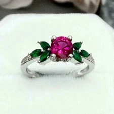 Anillo de compromiso de rubí creado en laboratorio de corte redondo de 2,30 quilates enchapado en oro blanco de 14 k