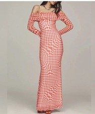 ANTHROPOLOGIE AFRM Mesh Gingham Check Off Shoulder Maxi Dress Size 3X NEW