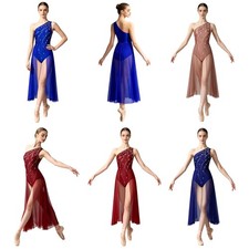 Women Leotard Ballet Lyrical Dress Costume Dancewear Sparkling One-Shoulder