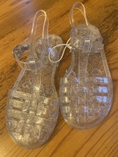 NEW Old Navy Jelly Sandals Shoes Clear Silver Glitter Heart Bottom Girls 12 NWOT