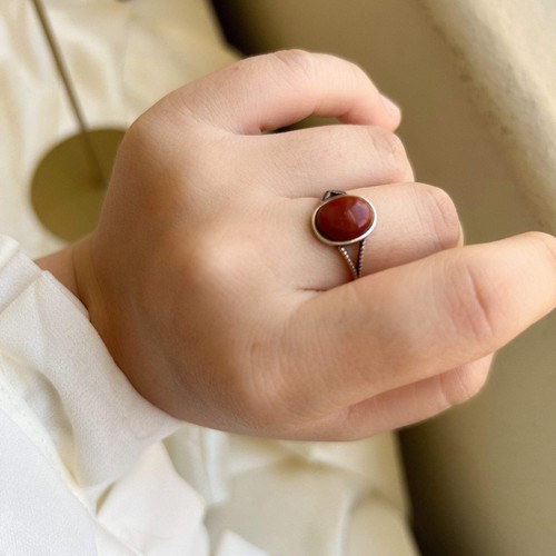Anillo de Piedra Roja Natural Estilo Boho con Banda de Plata S925, Ovalado Redondo Rojo Sur Ge - Imagen 6 de 10