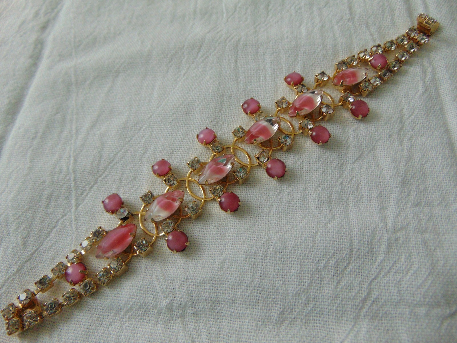 vtg pink clear givre glass navettes deep pink glass cabs clear crystals bracelet