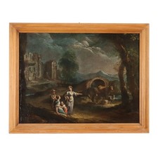Paesaggio con Figure ed Armenti Dipinto Antico Olio su Tela '700 Originale