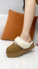 Women  s Real Fur Lined Suede Slippers, Cozy Slip-On House Shoes with Warm Plush