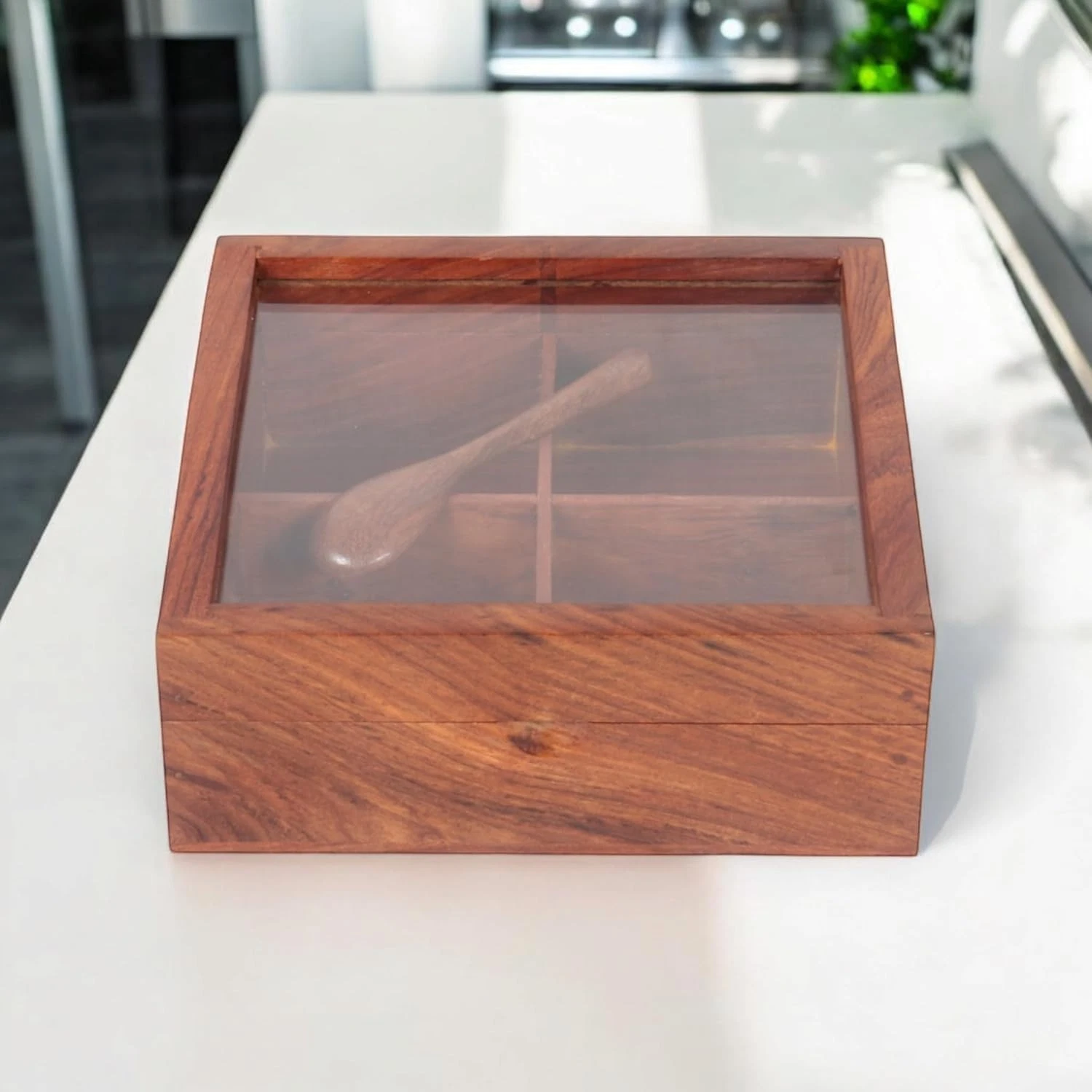 Wooden Masala Box 4 Compartments Glass Lid Spice Storage Box with Spoon