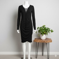 Line and Dot Bodycon Dress Long Sleeve Lace-Up Detail XS Black Festival Party