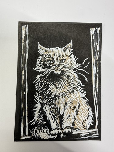 ACEO Original Cat Art Window Kitten Gothic Fantasy Ink Miniature Drawing
