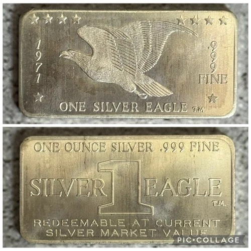 1971 One Silver Eagle W H Foster Co. 1oz .999 Fine Silver Vintage Art Bar TONED