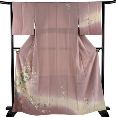 Japanese Silk Houmongi Kimono M 163.5cm Pink Branch flower Haze Gradation 023653