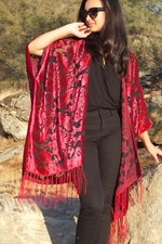 Burgundy Velvet Burnout Fabric Floral Print Kimono Duster Top SML Plus Size