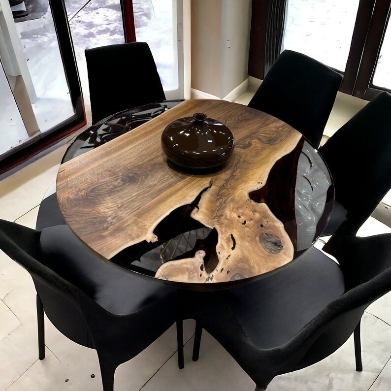 Black Epoxy Resin Round Tabletop with Gloss Finish for Art Décor