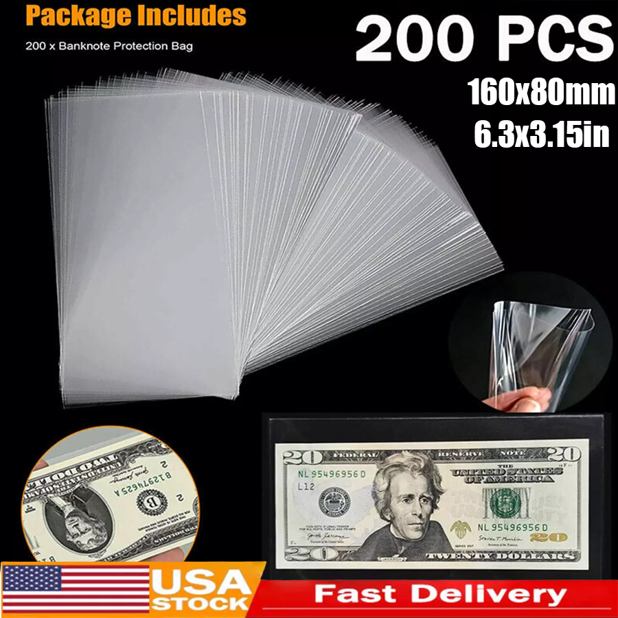 200 X Money Bag Storage Protect World/US Currency Banknotes Soft Sleeves Clear