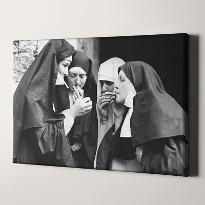 Nuns Smoking Cigarettes Funny Iconic Pictures 1900s Canvas Wall Art Print