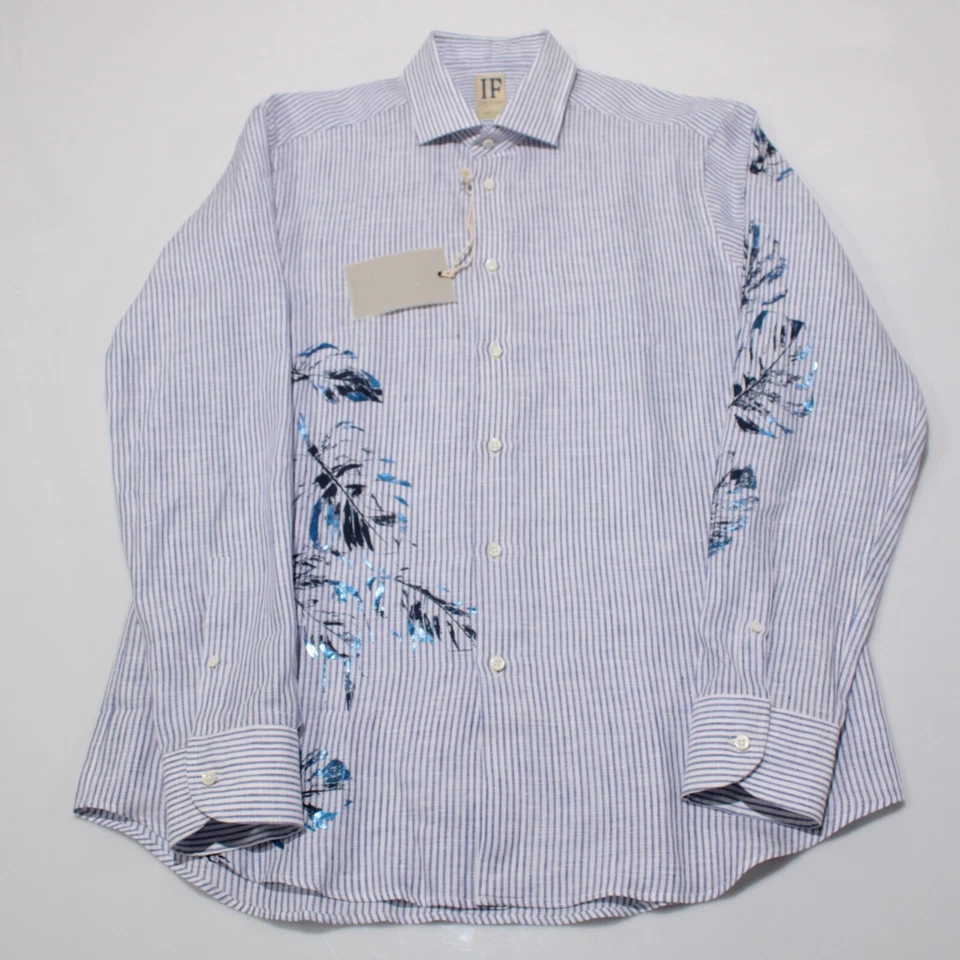 IF Italo Ferretti NWT Dress Shirt Size 16.5 42 US In Blue Striped 100% Linen - Image 4 of 4
