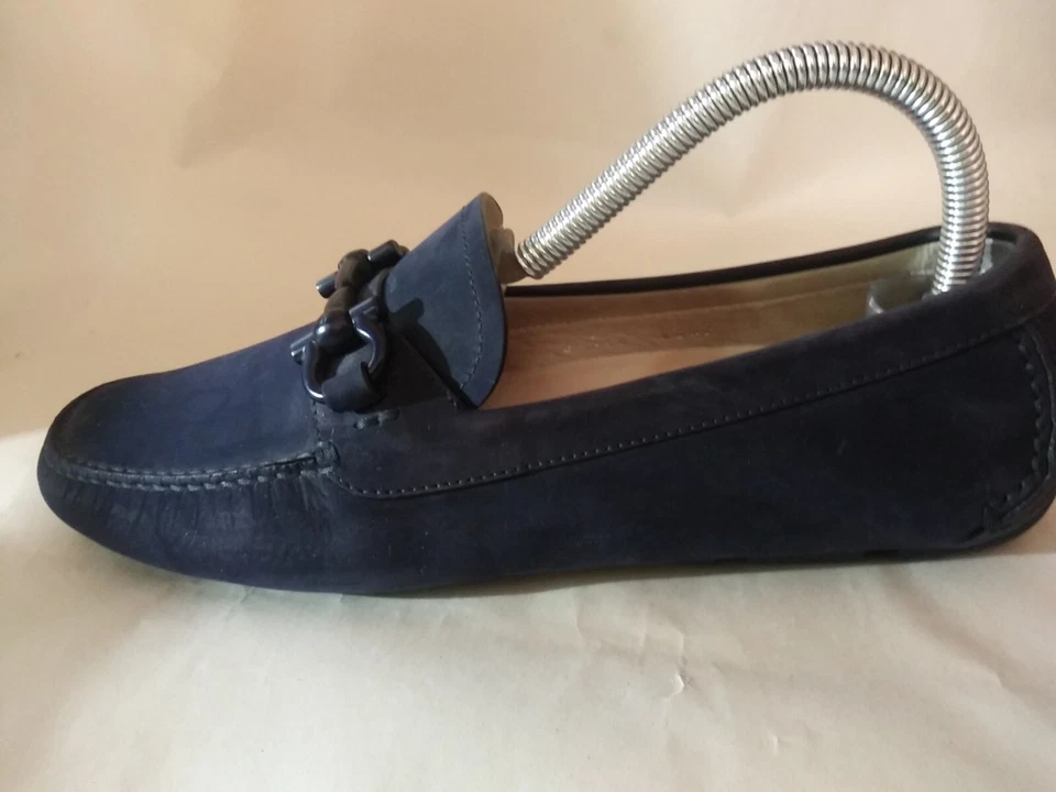 SALVATORE FERRAGAMO Guncini Mocasín Caballo Beat Talla 8 Azul Gamuza Zapato de Conducción Foto 4 de 4