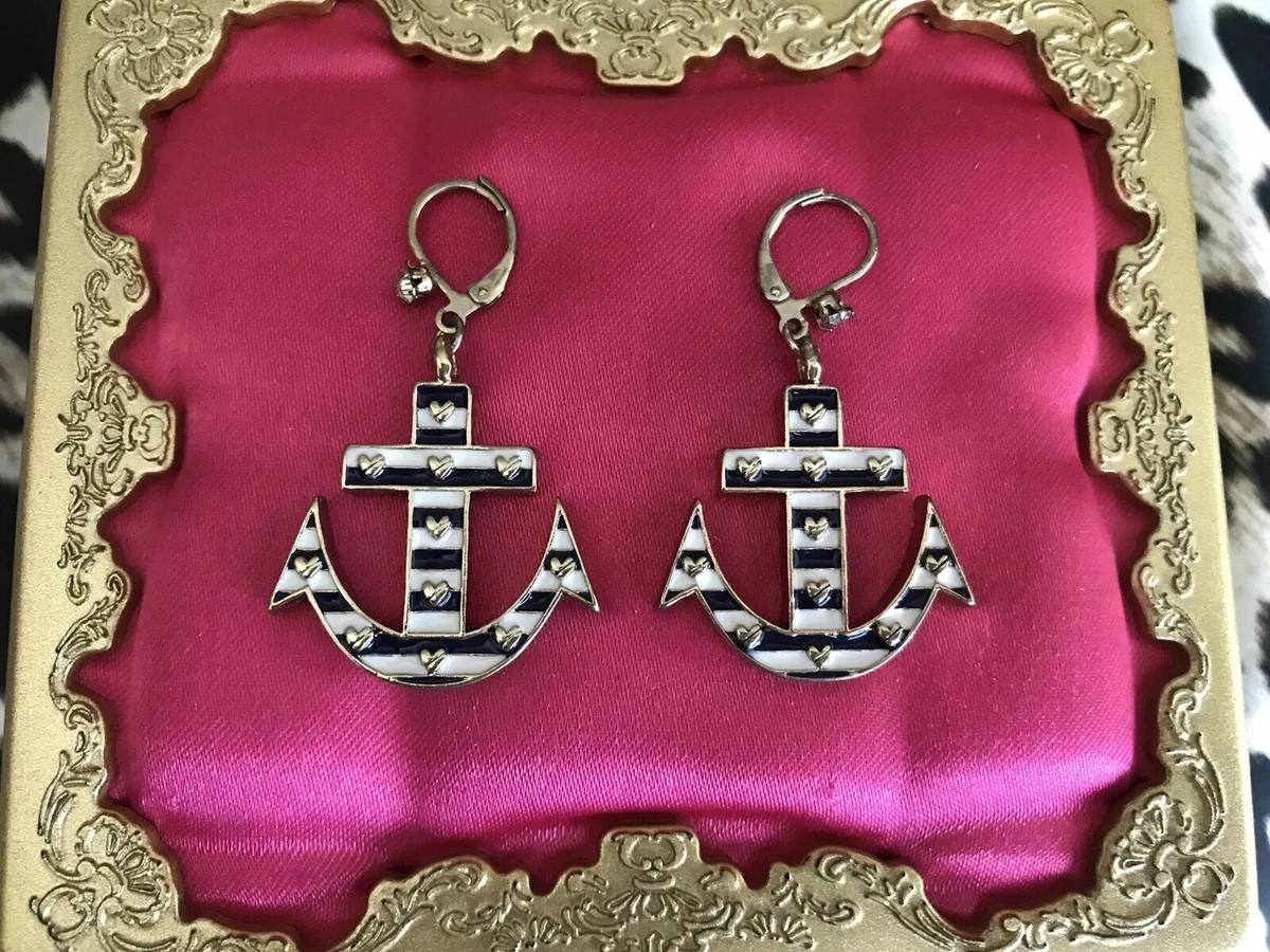 Betsey Johnson Ivy League Navy Blue White Striped Anchor Gold Heart Earrings