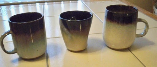 3 Vintage Peter Pots Stoneware Brown Glaze Mugs Cups Pinched Tumbler
