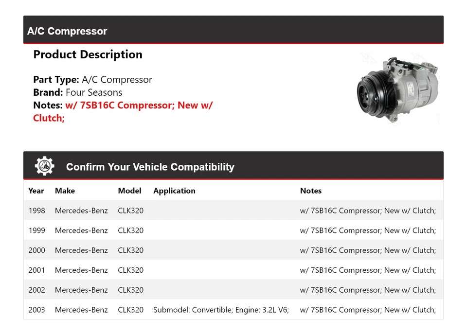 Compresor de aire acondicionado para Mercedes-Benz CLK320 1998-2003 4 estaciones 1999 2000 2001 2002 Foto 2 de 4