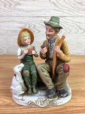 Vintage Porcelain Figurine Old Man With Pipe Boy And Dog 7.5" Tall 