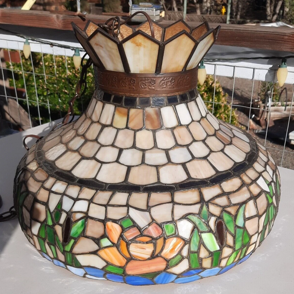 Vintage Large Stained Glass Hanging Lamp