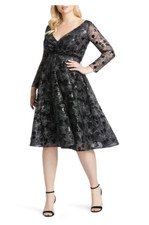 MAC DUGGAL  LONG SLEEVE SEQUIN LACE MIDI COCKTAIL BLACK DRESS  18W