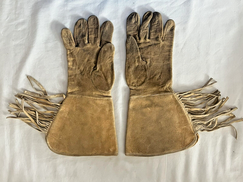 Western / Indian Leather Beaded Fringed Gauntlets Gloves - Picture 6 of 7