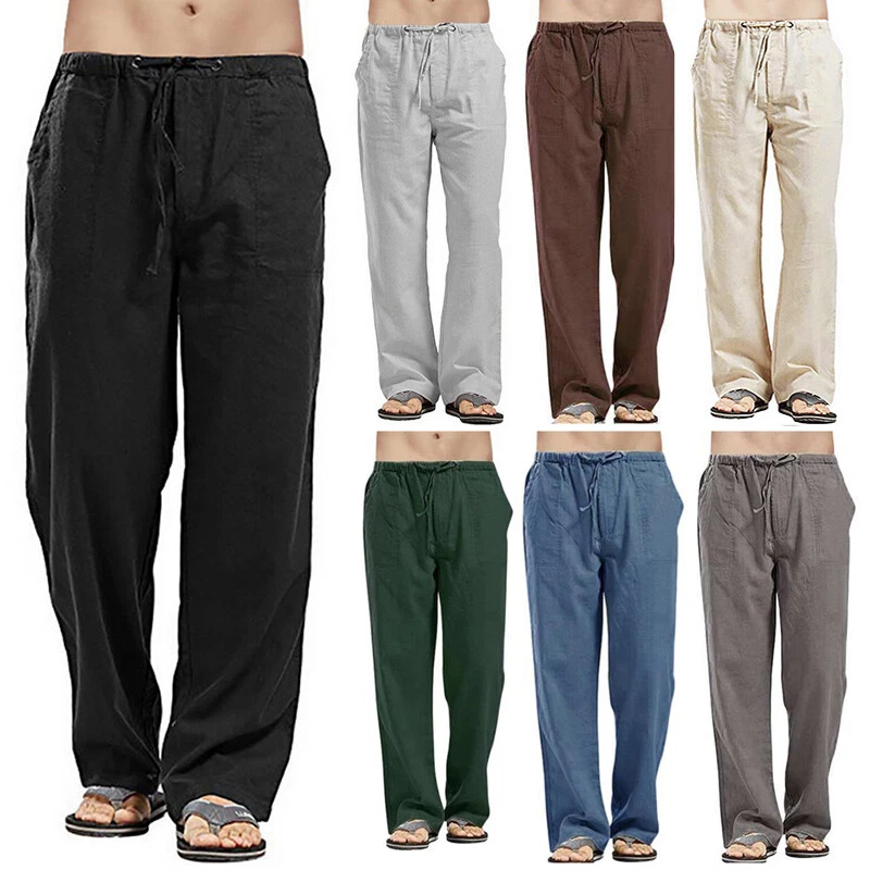 Men Casual Cotton Linen Baggy Trousers Wide Leg Elastic Waist Loose Harem Pants - Image 2 of 4