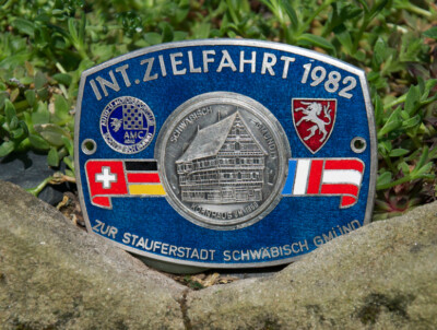 VINTAGE ENAMEL AUTOMOBIL CAR RADIATOR BADGE # ADAC RALLY SCHWÄBISCH GMÜND 1982