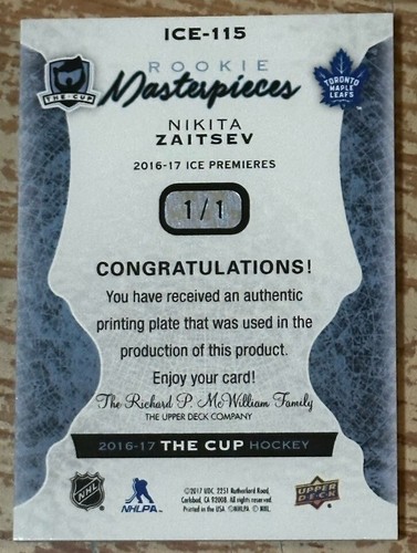 2016-17 Upper Deck The Cup Nikita Zaitsev Rookie Masterpieces Card #’d 1/1!! - Picture 2 of 2