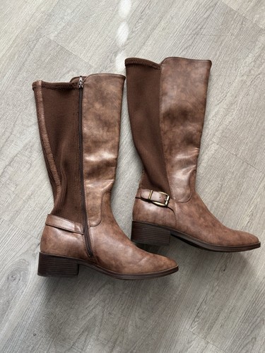 Brown Riding Boots Women’s Size 8.5 Stretch Calf Zipper Block Heel Baretrap