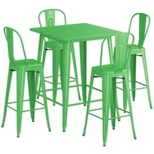 32" Square Green Metal Restaurant Bar Table Set with 4 Cafe Barstool For Outdoor