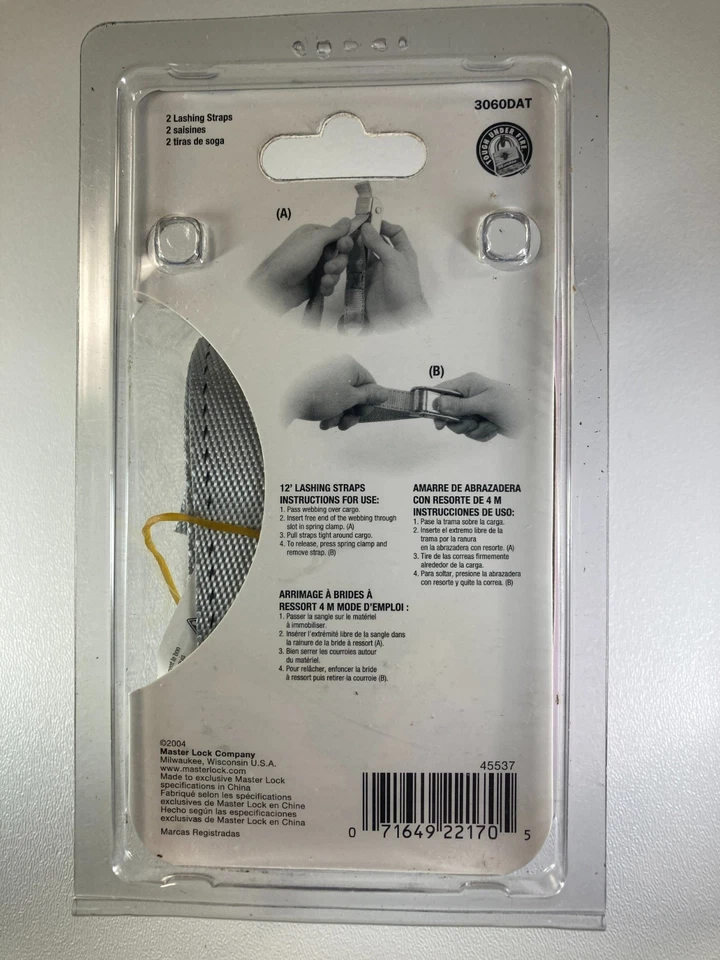 Master Lock 12’ Foot Lashing Straps with Steel Buckles 2 in pkg. New 3060DAT - Image 3 of 4