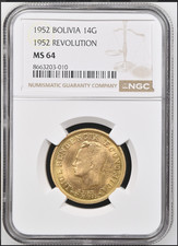BOLIVIA - 14 GRAMOS GOLD - 1952 - NGC MS64 - JUST 2 GRADED HIGHER - KM-X12