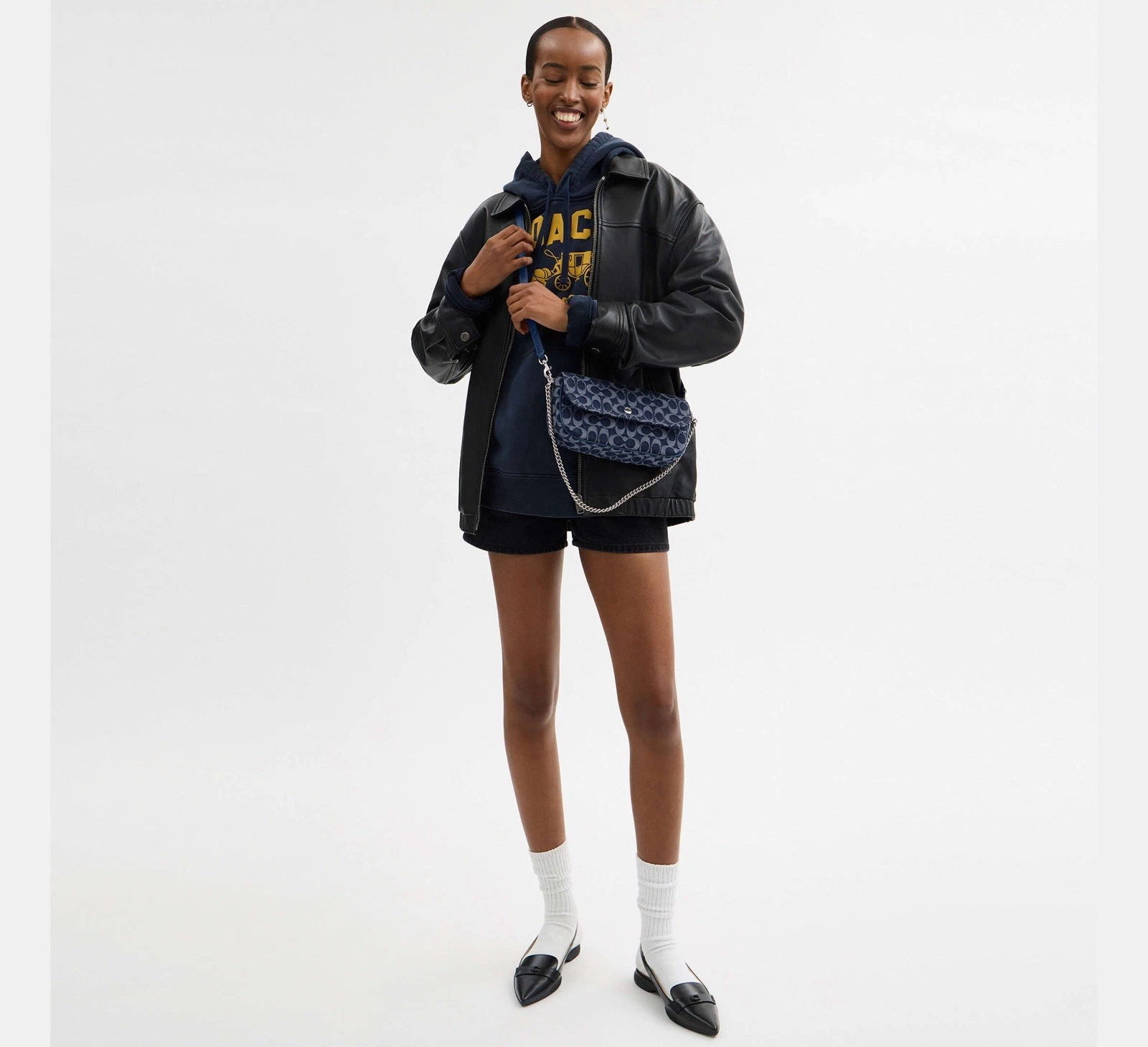 Borsa Coach Brook con patta catena in denim e pelle firmata argento blu profondo nuova con etichette