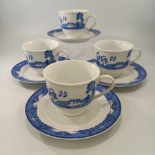 Royal Norfolk Blue Willow Cups And Saucers Set Of 4 Vintage Blue White China VGC
