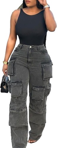 LKOUS Women's Y2K Baggy Straight Wide Leg Cargo Jeans, Streetwear High 2XL