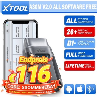 XTOOL A30M V2.0 Profi Diagnosegerät KFZ Auslesegerät OBD2 Alle Systeme Bluetooth