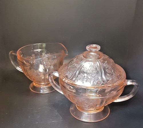 Vintage Federal Pink Sharon Cabbage Rose  Creamer And Lidded Sugar Bowl Set
