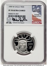 1999-W Proof Platinum Eagle 1/2 oz Mike Castle NGC PF70 2587.20 per troy oz