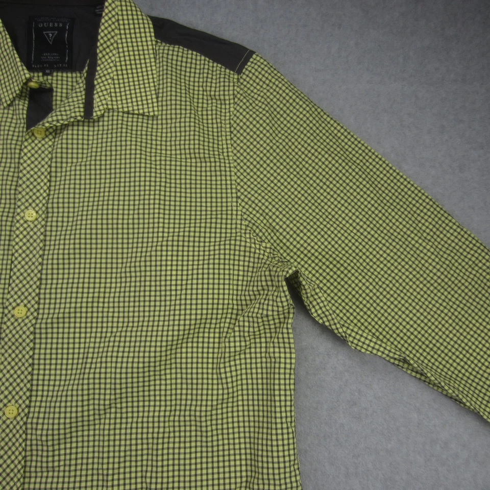 GUESS Shirt Mens XL Yellow Green Plaid Slim Fit Button Up Long Sleeve Casual UAE - Image 4 of 4