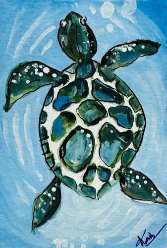 ACEO Original Acrylic Painting Sea Turtle Ocean Animal Deep Blue Waters Reef Art